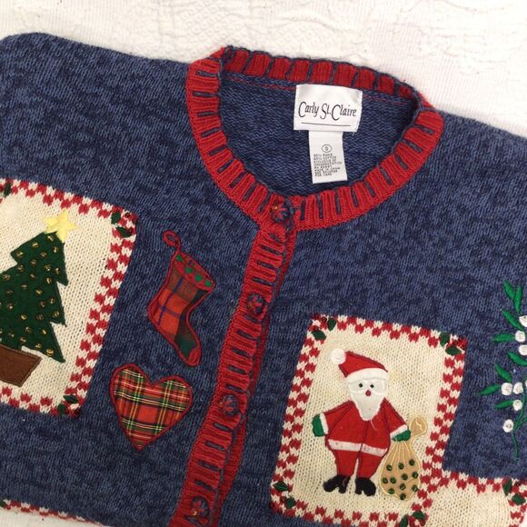 Carly St Claire Blue Red Patchwork Beaded Ugly Christmas Cardigan Vintage Small - Picture 1 of 7